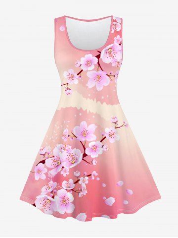 Plus Size Ombre Sakura Flower Printed Tank Dress
