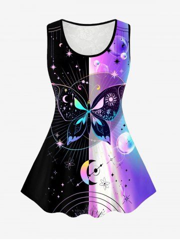 Plus Size Lace Panel Bubbles Butterfly Printed Tank Top - PURPLE - S | US 8