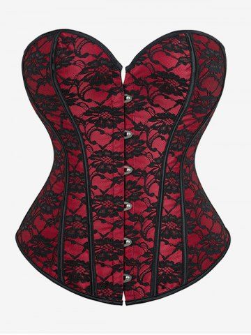 Gothic Lace Overlay Boning Overbust Corset - DEEP RED - 5XL