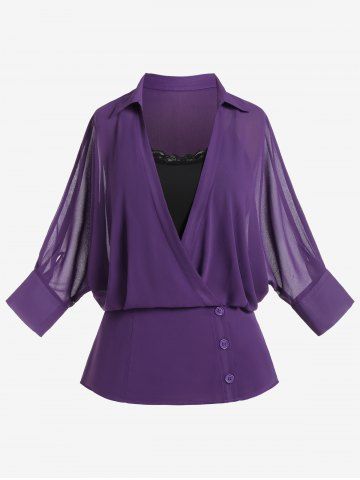 Plus Size Button Up Chiffon Shirt and Lace Trim Camisole - PURPLE - M | US 10