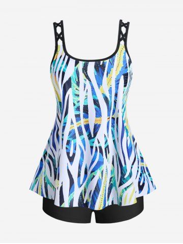 Plus Size Palm Print High Waist Modest Boyleg Tankini Swimsuit - MULTI-A - 3X | US 22-24