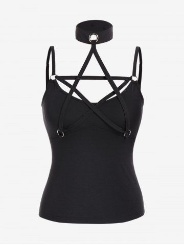 Gothic Halter Caged Cutout Lace-up Rings Cami Top - BLACK - L | US 12