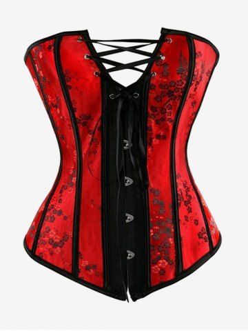 Gothic Flower Embroidered Lace-up Boning Overbust Corset - RED - 4XL
