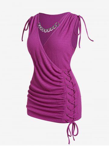 Plus Size Chain Panel Lace-up Ruched Surplice Tank Top