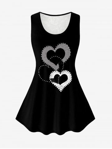 Plus Size Valentines Heart Printed Lace Panel Tank Top - BLACK - M | US 10