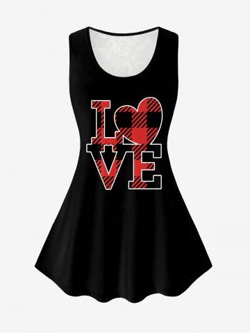 Plus Size Lace Panel Valentines Plaid Love Graphic Tank Top - BLACK - L | US 12