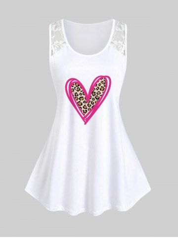 Plus Size Valentines Heart Leopard Printed Tank Top with Lace - WHITE - 5X | US 30-32