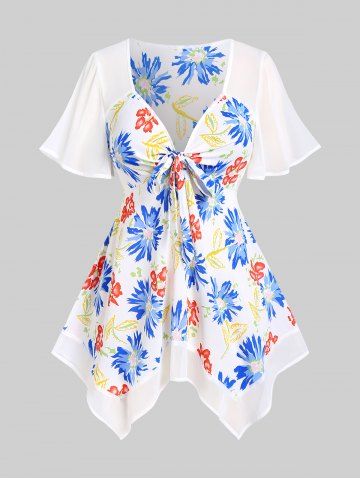 Blusa de Pañuelo de Impresión en Talla Extra de Flores con Lazo - BLUE - 3X | US 22-24