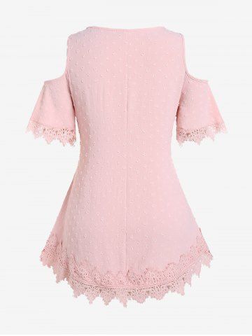 Plus Size Swiss Dot Pintuck Guipure Lace Panel Cold Shoulder Blouse
