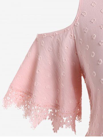 Plus Size Swiss Dot Pintuck Guipure Lace Panel Cold Shoulder Blouse