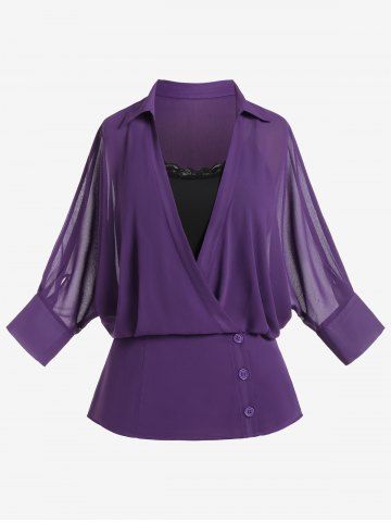 Camisa de Gasa de Talla Extra de Botones de Gasa y Encaje - PURPLE - 2X | US 18-20