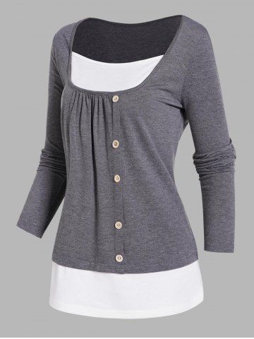 Contrast Colorblock Ruched Mock Button Long Sleeve Faux Twinset Top - GRAY - XL