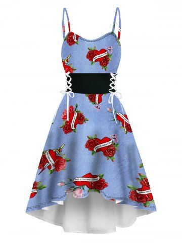 Valentine's Day Heart Rose Print Faux Denim 3D Print Lace Up High Low Dress - LIGHT BLUE - S