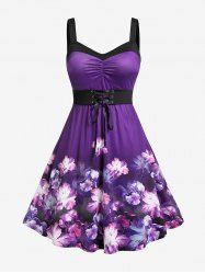 Plus Size Lace Up Watercolor Flower Printed Backless A Line Dress -  