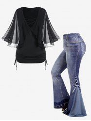 Plunge Sheer Mesh Bell Sleeve Crisscross Tee and Pull On Flare Pants Plus Size Summer Outfit -  