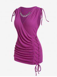 Plus Size Chain Panel Lace-up Ruched Surplice Tank Top -  