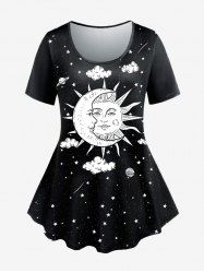 T-shirt à Imprimé Soleil Galaxie à Manches Courtes de Grande Taille - Noir 5x | US 30-32