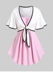 Plus Size Flutter Sleeves Broderie Anglaise Knot Top and Textured Tank Top Set -  