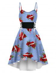 Robe Haute Basse à Imprimé 3D Rose et Cœur en Faux Denim à Lacets pour Saint-Valentin - Bleu clair XL
