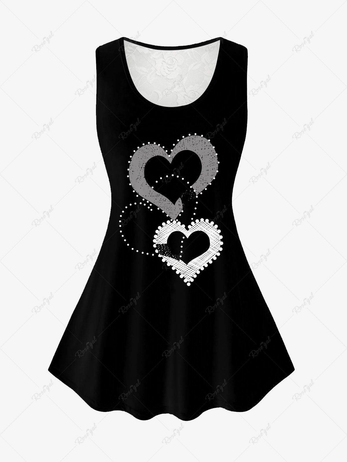 Chic Plus Size Valentines Heart Printed Lace Panel Tank Top  