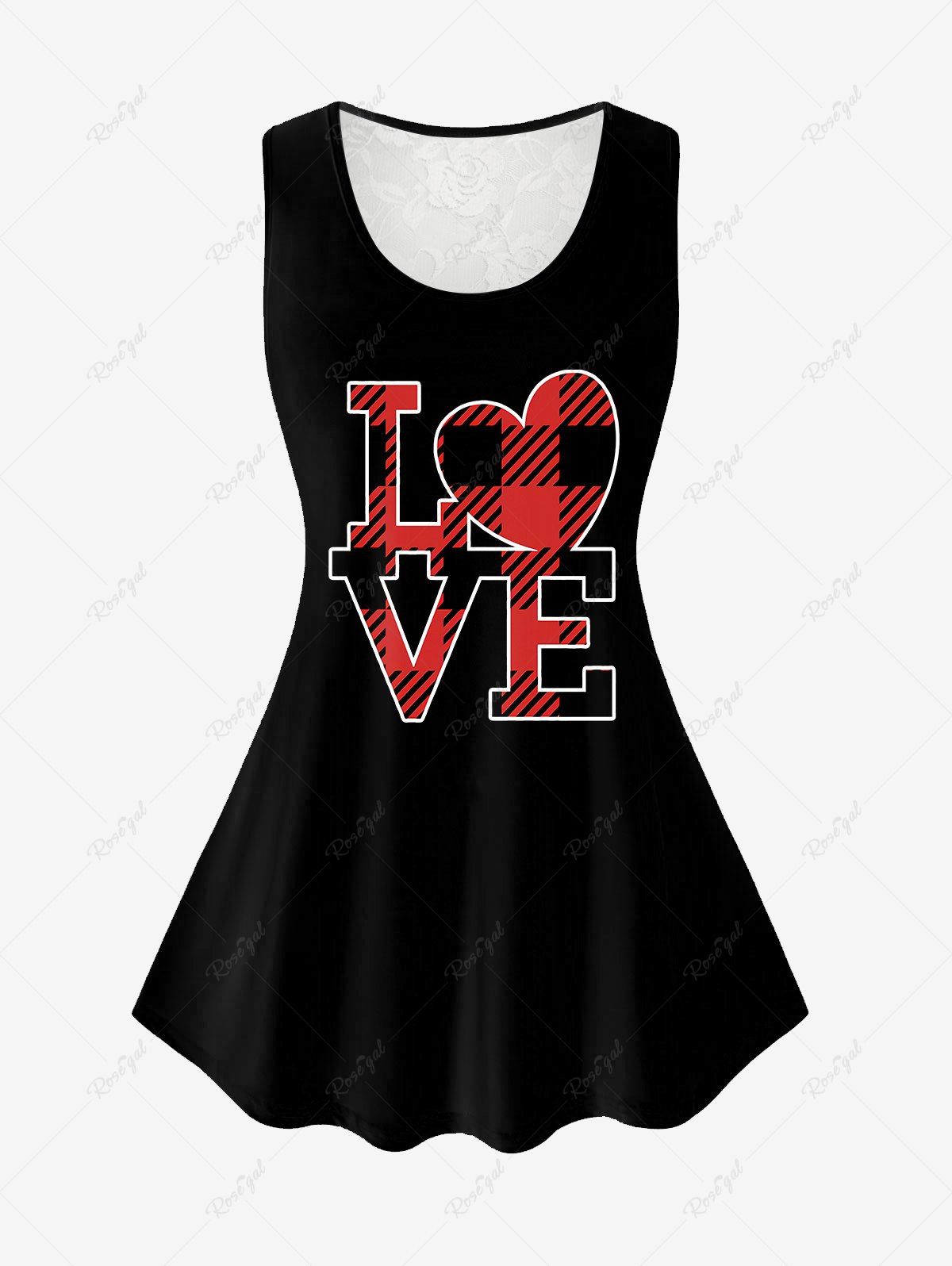 Store Plus Size Lace Panel Valentines Plaid Love Graphic Tank Top  