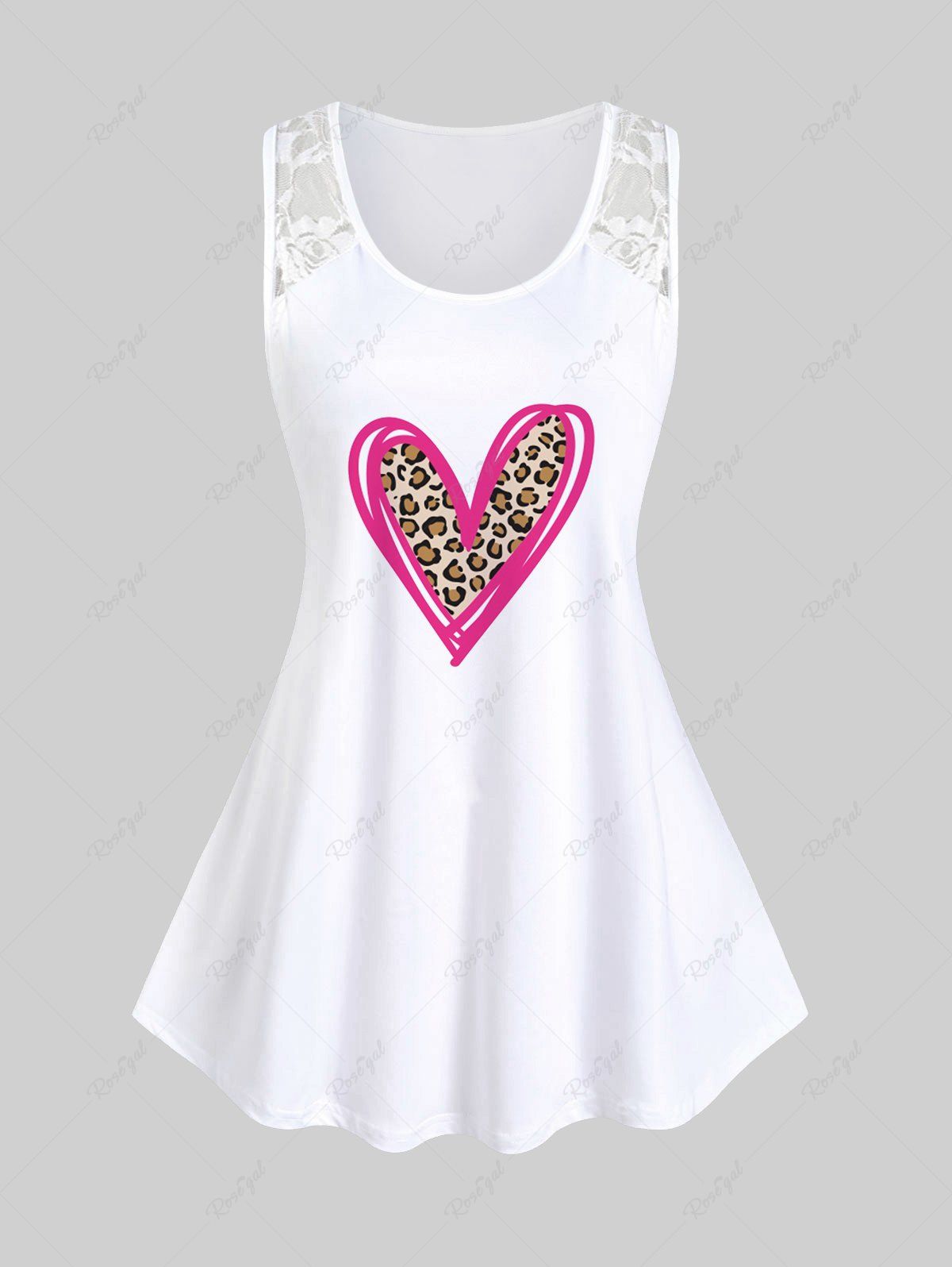 Online Plus Size Valentines Heart Leopard Printed Tank Top with Lace  