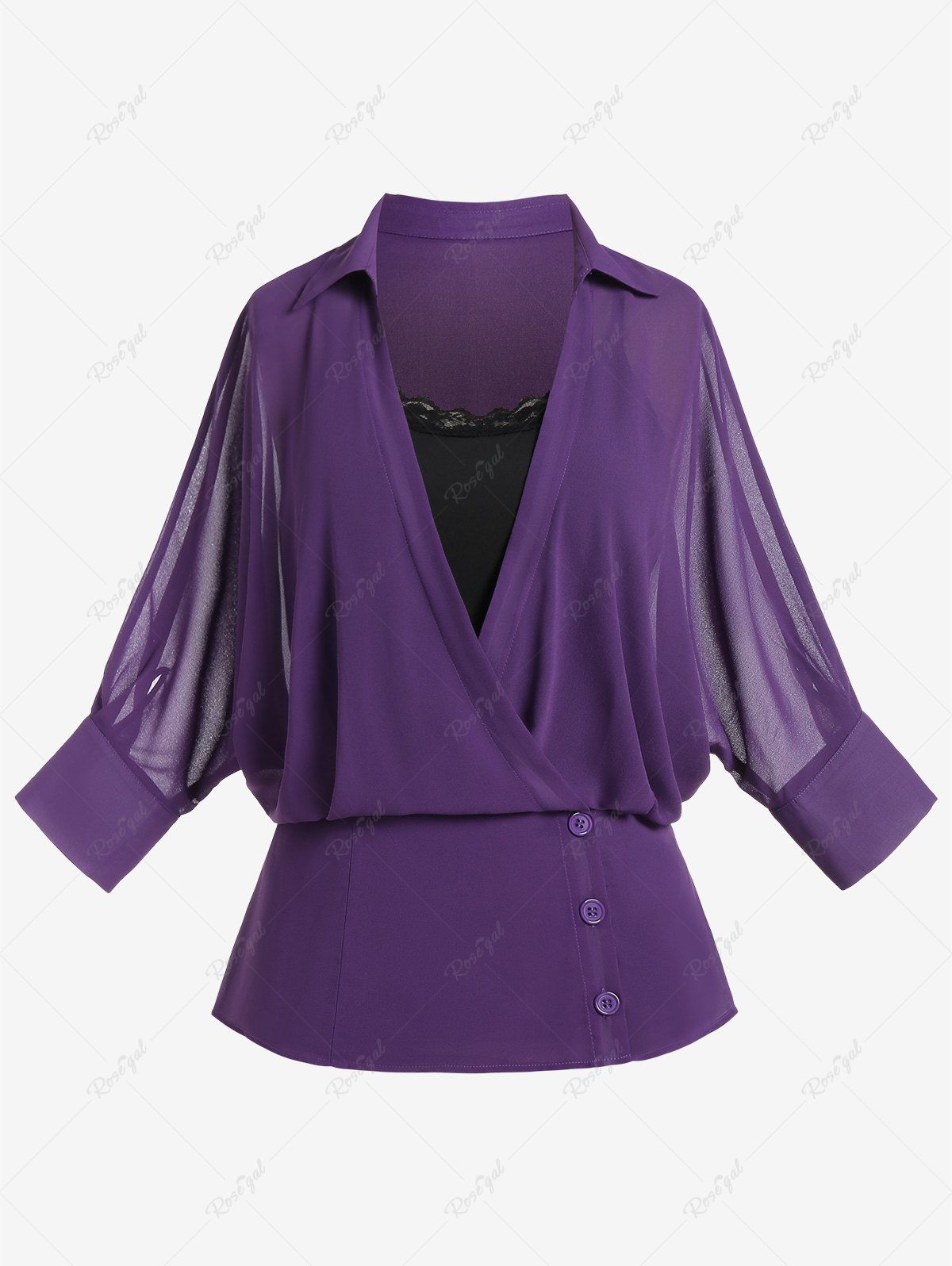 Latest Plus Size Button Up Chiffon Shirt and Lace Trim Camisole  