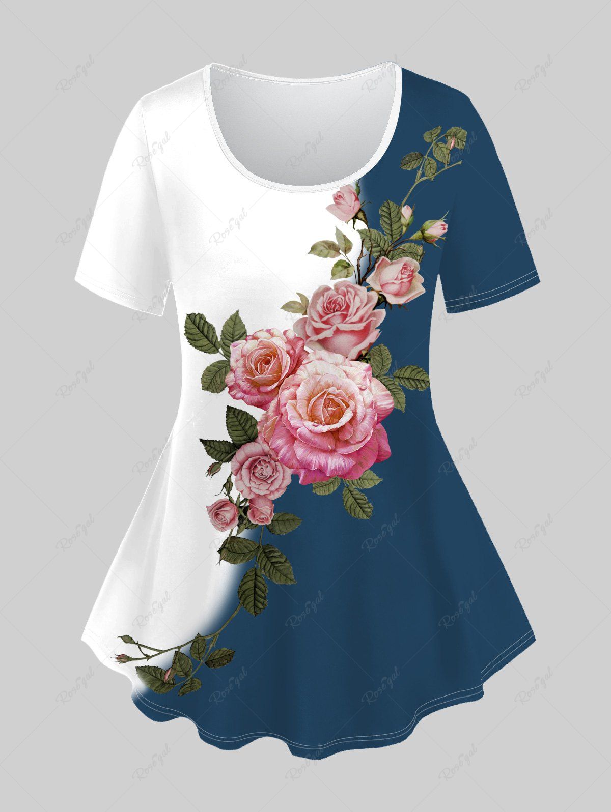 T-Shirt à Imprimé Roses et avec Demi Grande-Taille Bleu profond 5x | US 30-32