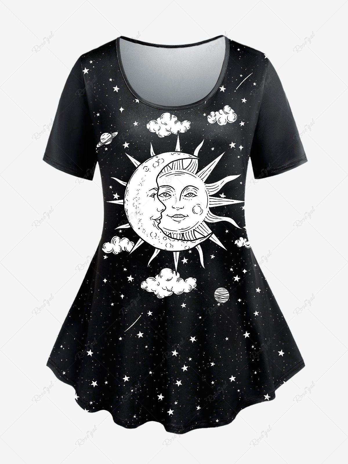 T-shirt à Imprimé Soleil Galaxie à Manches Courtes de Grande Taille Noir 5x | US 30-32
