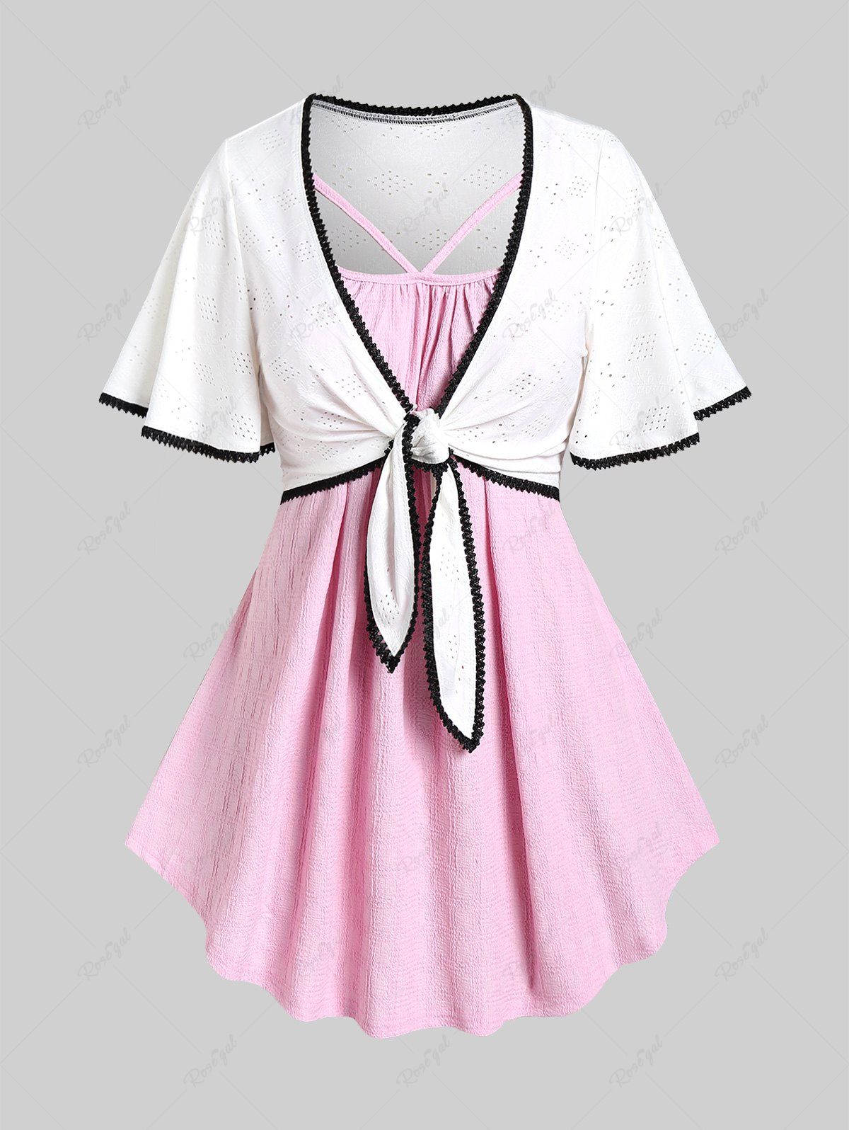 Trendy Plus Size Flutter Sleeves Broderie Anglaise Knot Top and Textured Tank Top Set  