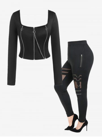 Gothic Zip Rings Long Sleeve Top and Sheer Mesh Panel Zippered Skinny Pants Outfit - BLACK