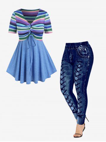 Lace Up Striped Knitted Top and Solid Cami Top Set and High Waisted 3D Printed Leggings Plus Size Outfit - BLUE