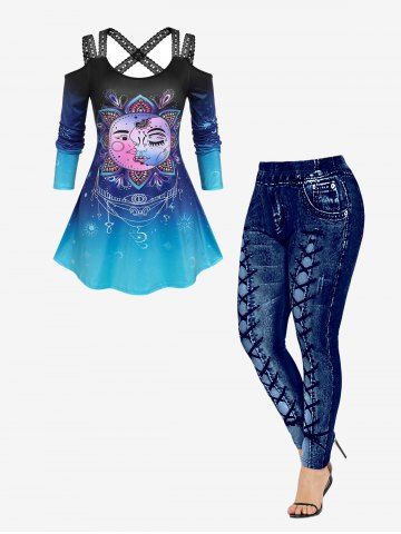 Sun And Moon Print Gradient T Shirt and High Waisted 3D Printed Leggings Plus Size Outfit - BLUE