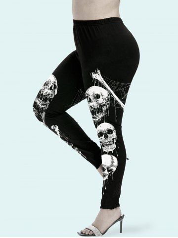 Gothic Skull Spider Web Print Leggings - BLACK - 2X | US 18-20