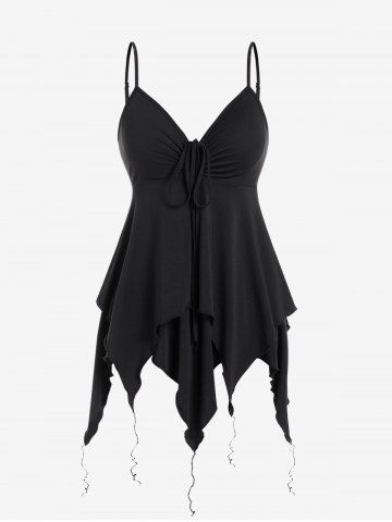 Gothic Spaghetti Strap Cinched Ruched Handkerchief Hem Layered Top - BLACK - 4X | US 26-28