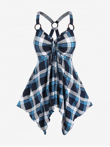 Plus Size Checked Rings Frilled Cinched Handkerchief Hem Tank Top - BLUE - M | US 10