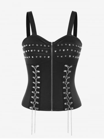 Gothic Chain Lace-up Rivets Zip Front Tank Top - BLACK - 3X | US 22-24
