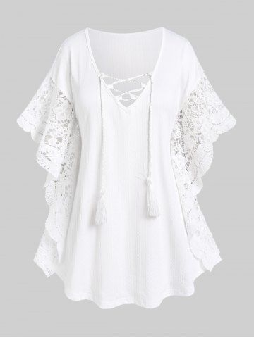 Plus Size Tassel Lace Panel Kaftan Top with Lace-up - WHITE - 1X | US 14-16