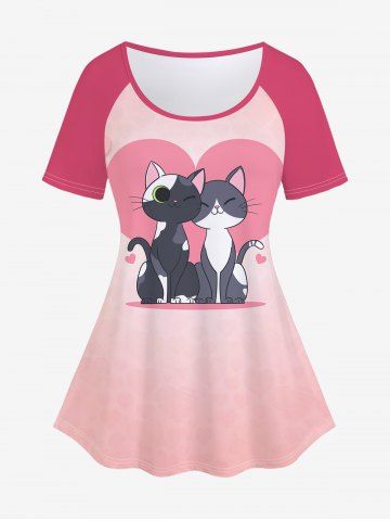 T-shirt à Imprimé Chat Cœur de Grande Taille à Manches Raglan Pour La Saint Valentin - LIGHT PINK - S | US 8