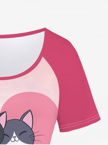 Plus Size Valentines Cats Heart Printed Raglan Sleeves Tee