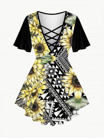 Plus Size Sunflower Geo Printed Crisscross Plunging T-shirt