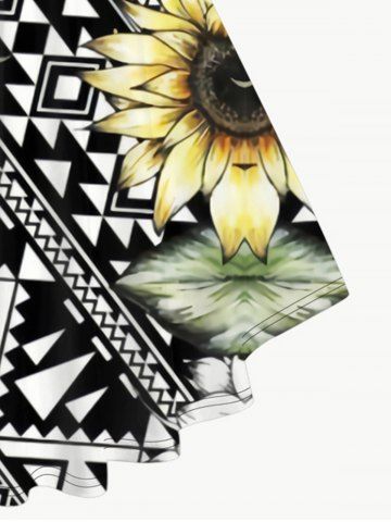 Plus Size Sunflower Geo Printed Crisscross Plunging T-shirt