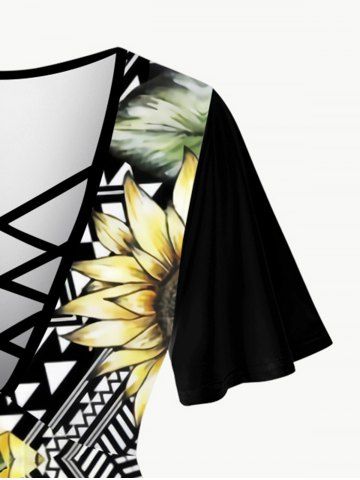 Plus Size Sunflower Geo Printed Crisscross Plunging T-shirt