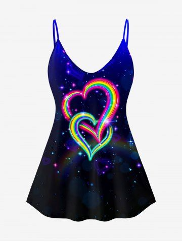Plus Size Glitter Rainbow Heart Print Cami Top (Adjustable Straps) - BLUE - M | US 10