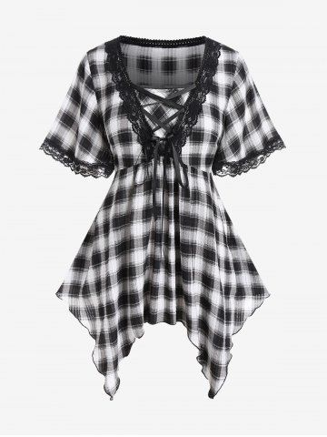 Plus Size Lace-up Plaid Handkerchief Top with Lace - BLACK - L | US 12