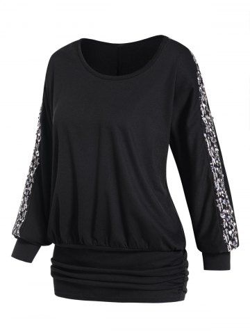 Sequined Panel Top Solid Color Ruched Full Sleeve Long Top - BLACK - L