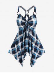Plus Size Checked Rings Frilled Cinched Handkerchief Hem Tank Top -  