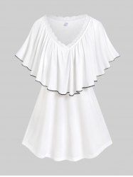 Plus Size Lace Trim Flounce V Neck Capelet Top -  