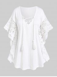 Plus Size Tassel Lace Panel Kaftan Top with Lace-up -  