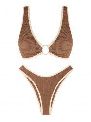Crinkle Textured Contrast Piping High Leg O-ring Bikini Swimwear -  